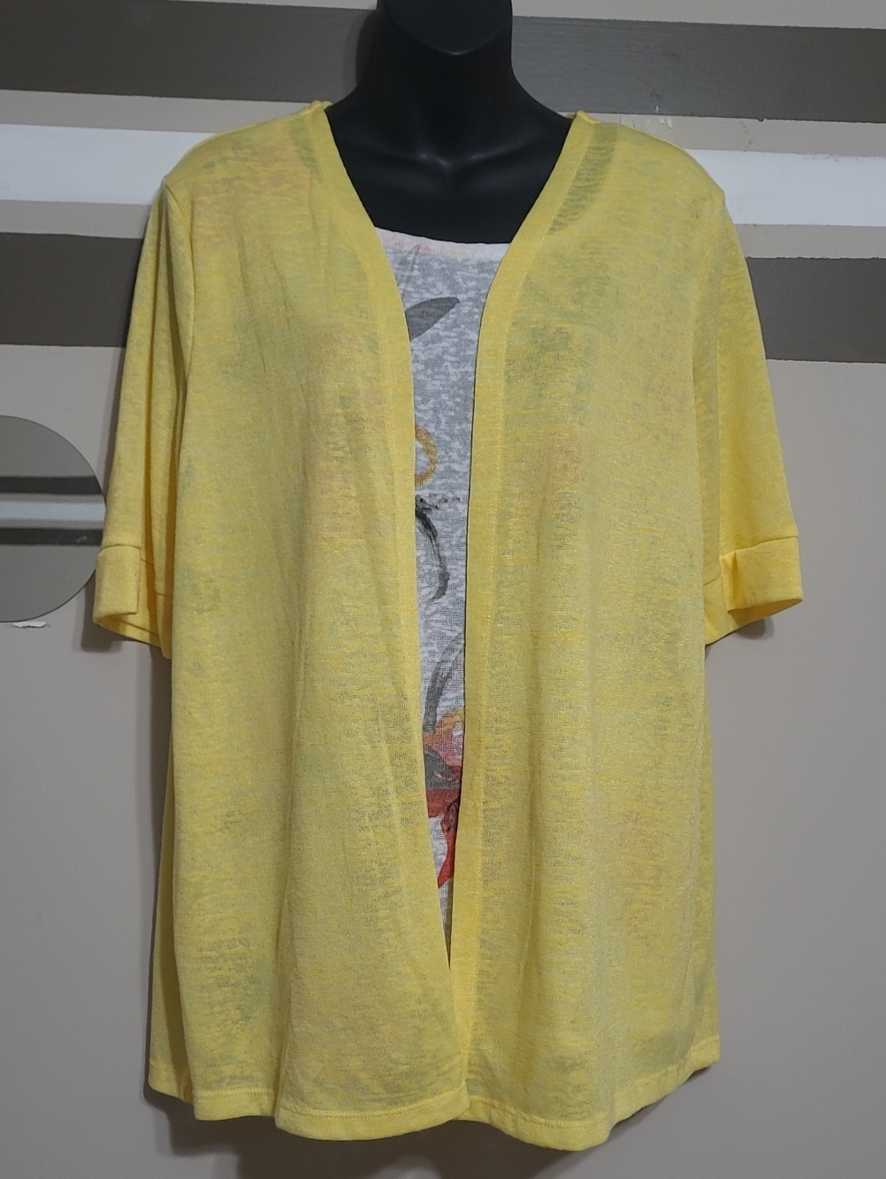 ⭐️ Penmans 2-in-1 Open-Front Yellow/Floral Fooler Knit Cardigan Sz Large